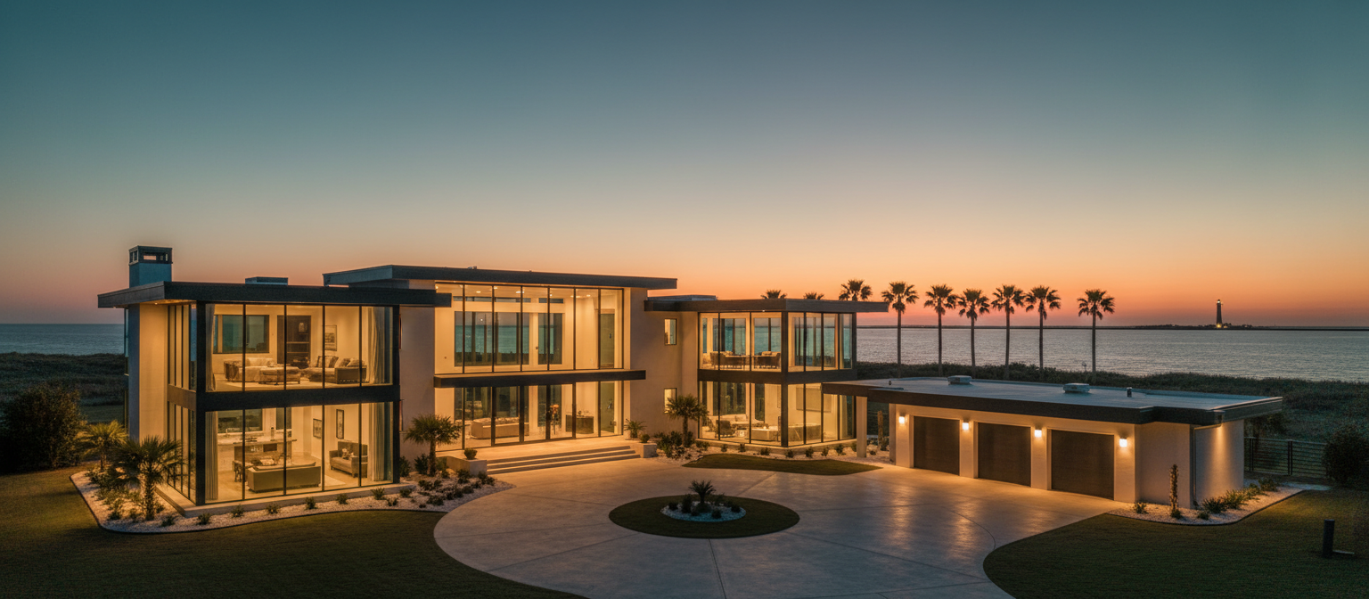 Illuminated residential home at dusk